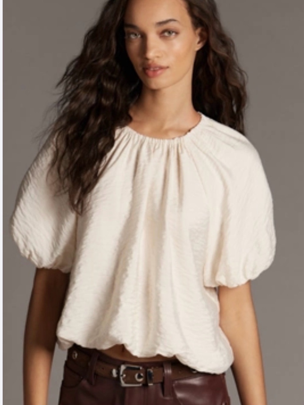 NWT Anthropologie Ivory Bubble-Sleeve Top - Puff Sleeve Blouse - Large